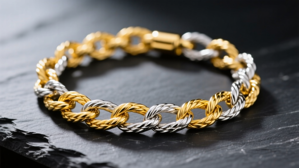 Macro of 14k yellow gold and platinum rope chains on dark slate, highlighting contrasting metal lusters and fine link textures.