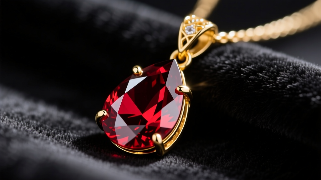 Macro shot of a deep red teardrop garnet pendant set in 14k yellow gold with delicate prong settings on a dark velvet fabric.