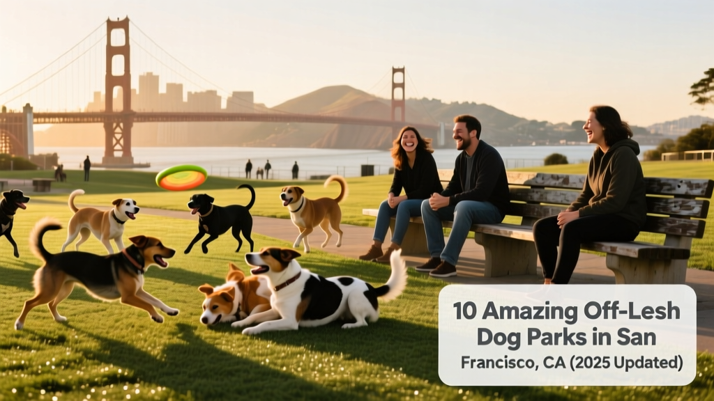 A lively scene at Lafayette Dog Park showing dogs playing on artificial turf, owners chatting on benches, and city views in the background