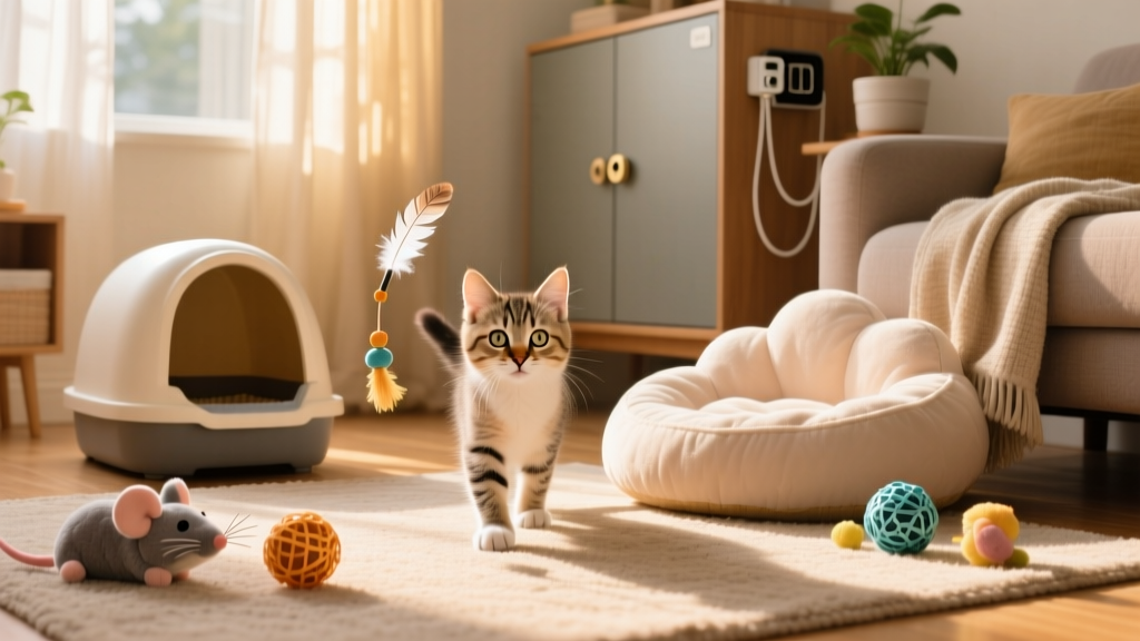 A curious, wide-eyed kitten exploring a cozy, kitten-proofed room with a low-entry litter box, soft bed, and toys nearby