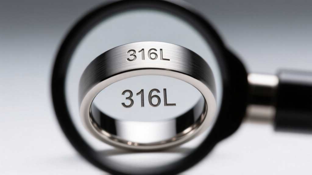 Close-up of a jewelry loupe inspecting the stamp 316L on the inside of a brushed stainless steel signet ring under bright light.