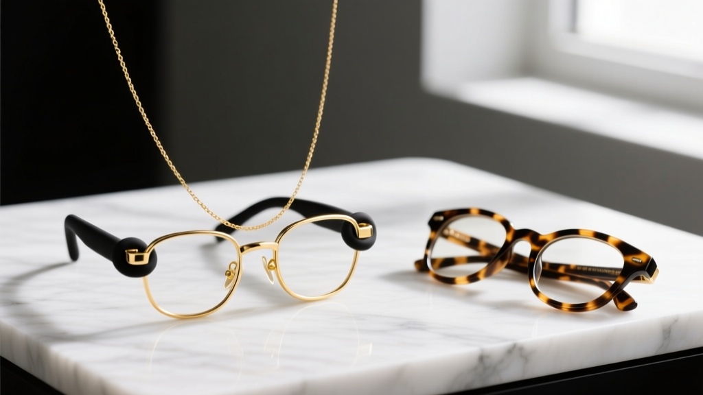 Elegant gold-filled eyeglass necklace holder with black silicone loops resting on marble beside tortoiseshell reading glasses.