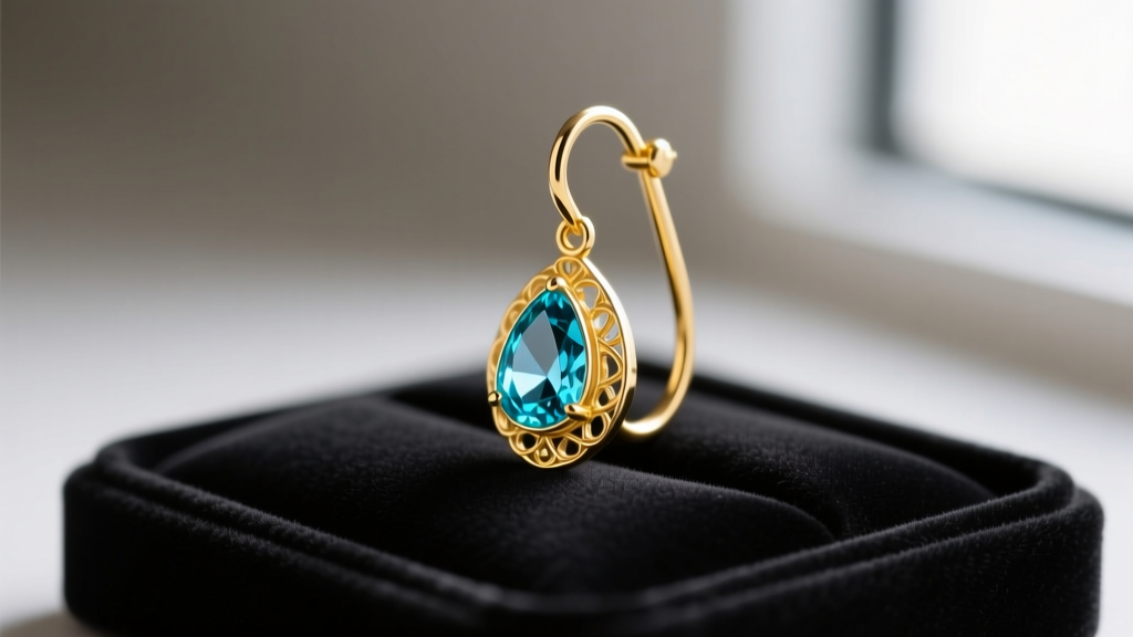 Close-up of an 18k yellow gold fish hook earring with a teardrop aquamarine gem resting on a dark velvet jewelry display tray.