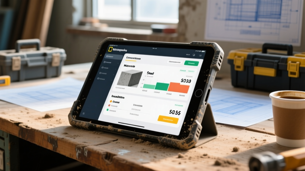 Close-up of a rugged tablet displaying a custom construction estimating app interface with material cost breakdowns on a dusty job site desk