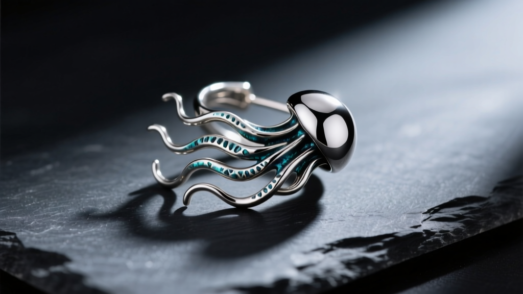 Macro shot of titanium jellyfish ear cuff with oxidized silver tentacles, resting on dark slate surface with dramatic side lighting.