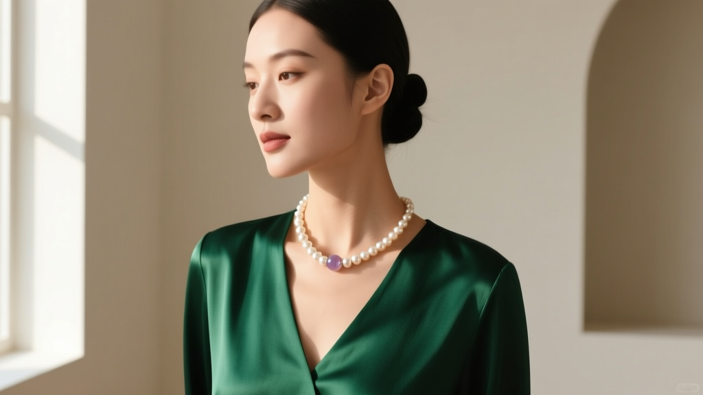 Woman wearing an 18-inch rose quartz pearl necklace over a V-neck emerald silk blouse, illuminated by soft natural window light.
