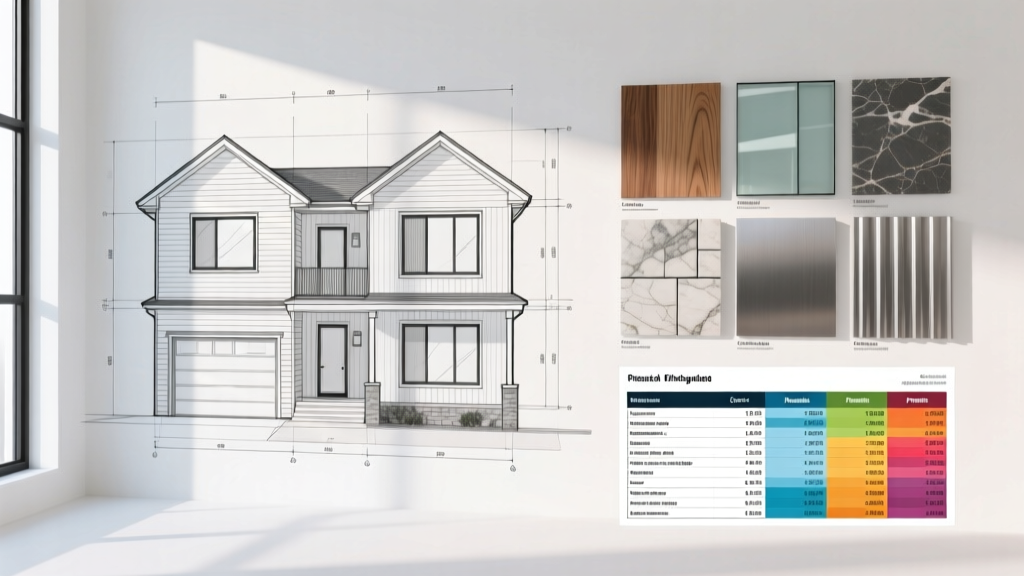 Architectural blueprint of a side-by-side duplex overlaid with a detailed construction cost estimate and material samples