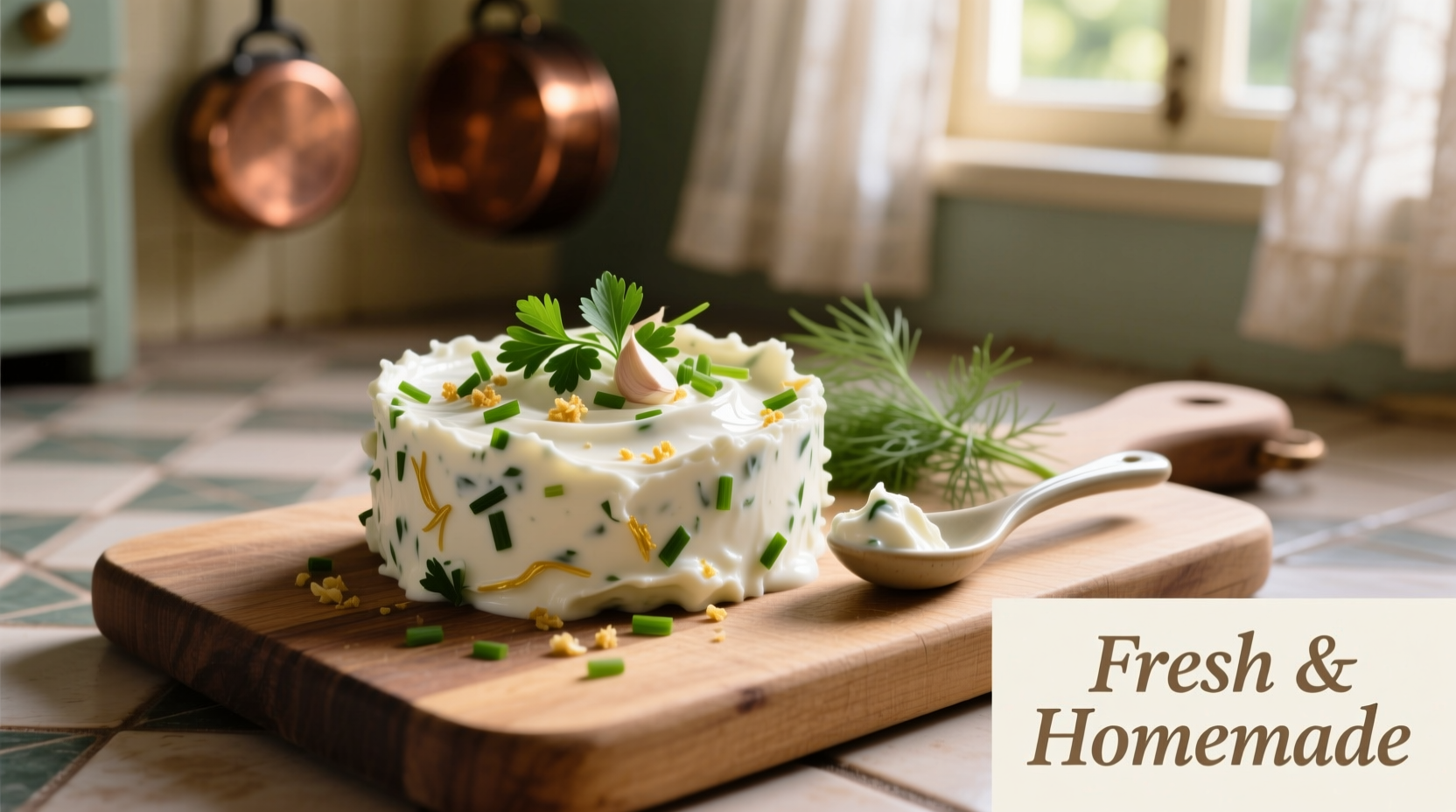 Homemade garlic cream cheese with fresh herbs