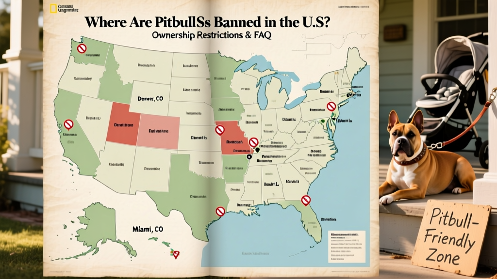Map highlighting US counties and cities with Pitbull-related ordinances, with key locations labeled