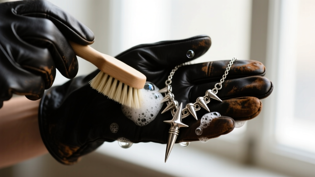 Hands in dark gloves gently scrubbing an oxidized sterling silver spike necklace with a soft-bristled brush and mild soapy water.