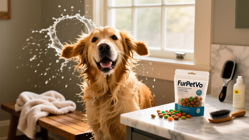 A freshly bathed dog shaking off water joyfully, with a fluffy towel draped nearby and a FurPetVo treat pouch on the counter