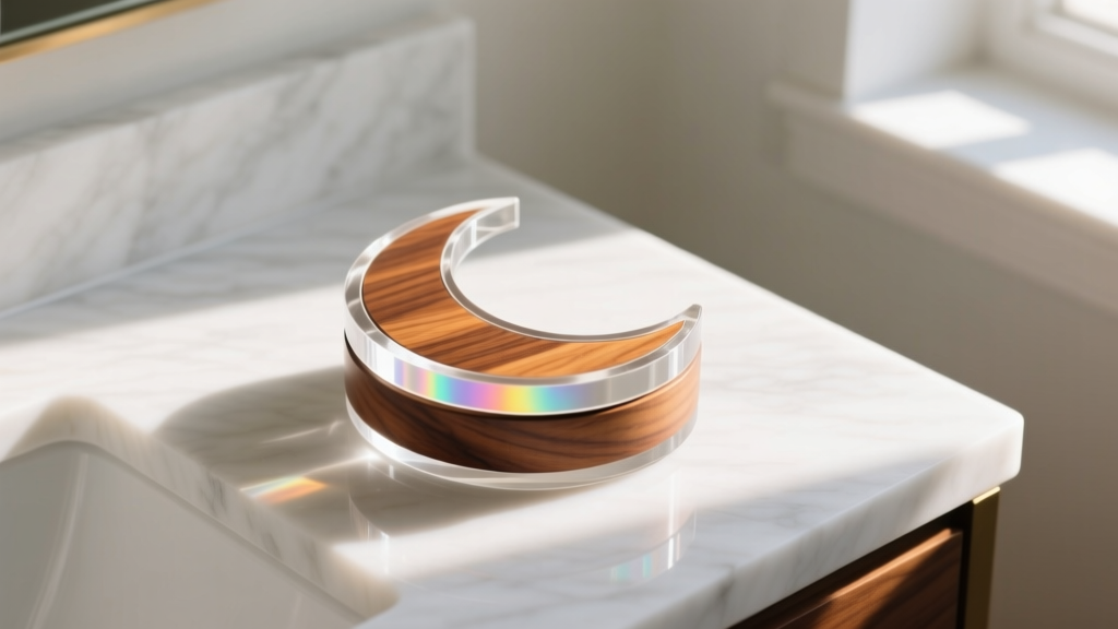A crescent moon-shaped acrylic and walnut wood Sailor Moon jewelry box resting on a white marble vanity in soft morning light.