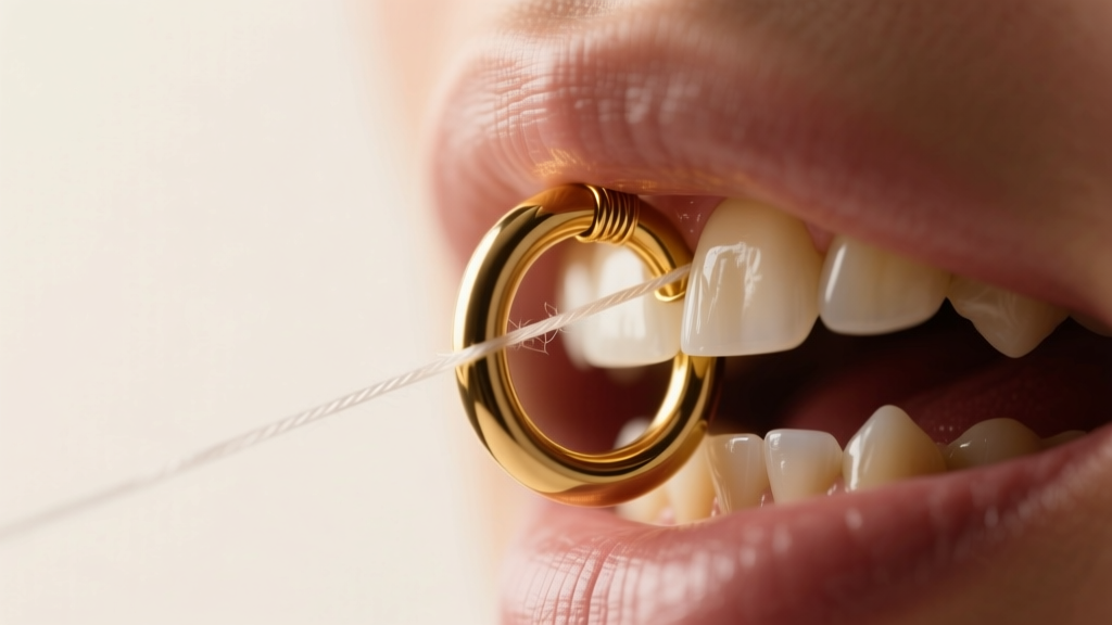 Dental floss extracting the segment from a 16g gold continuous hoop cartilage piercing under warm lighting with sharp macro focus