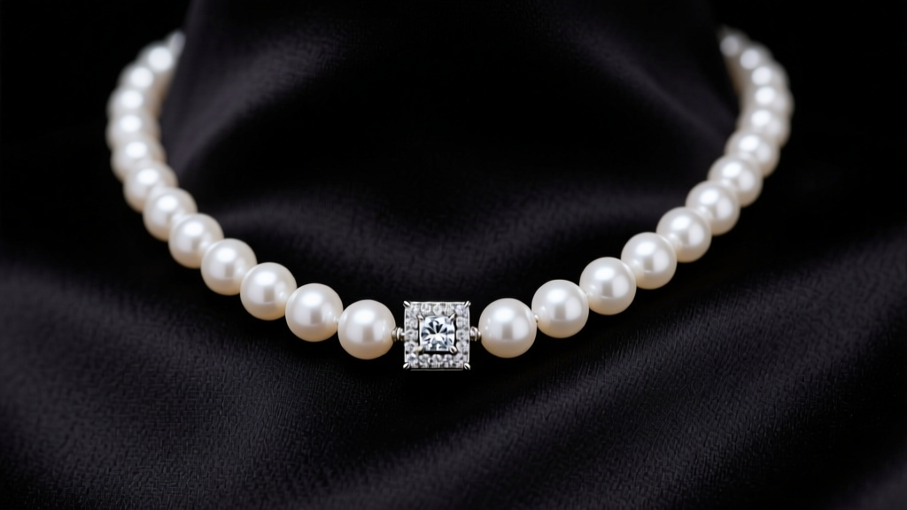 Close-up of a model wearing a 7mm white Akoya pearl tennis necklace with a diamond box clasp against a dark silk backdrop