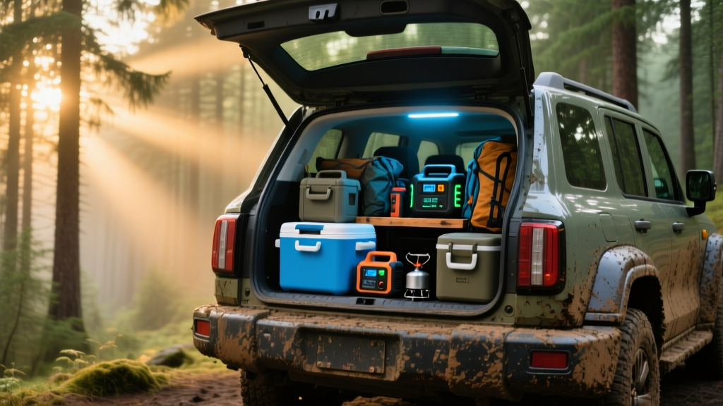 A rugged SUV parked near a pine forest with a trunk full of seasonal outdoor car gadgets, portable fridges, and jump starters ready for a trip.