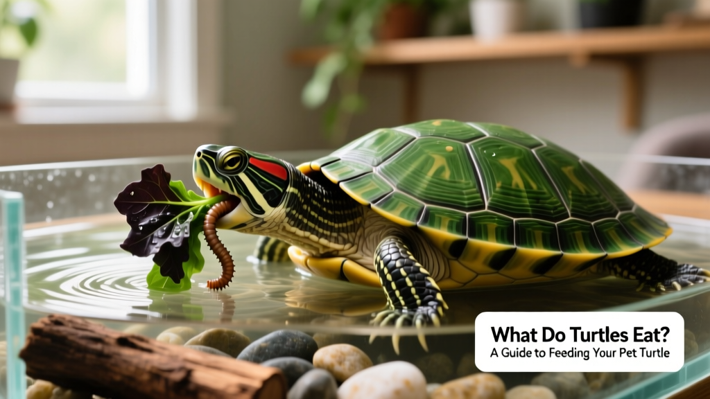 A healthy adult red-eared slider eating dark leafy greens and a small earthworm in a clean aquarium setting