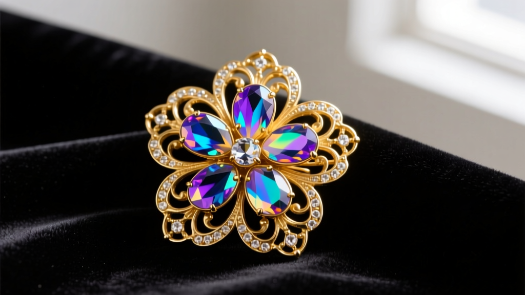 Close-up of a 1980s Marks and Spencer gold-plated floral brooch featuring aurora borealis glass stones resting on dark velvet