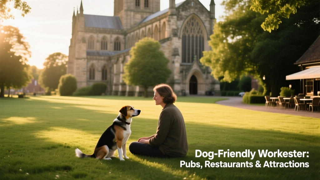 Worcester Cathedral viewed from its grassy grounds, with a dog sitting calmly beside its owner
