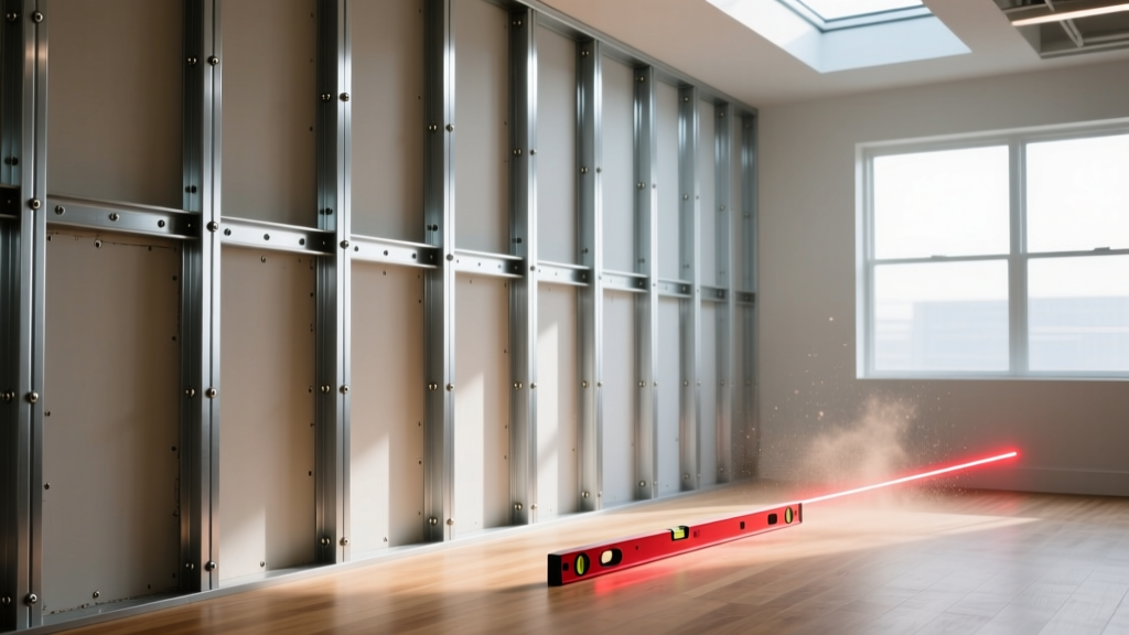 Galvanized steel studs framing a commercial interior wall, with drywall screws and a laser level in the bright background