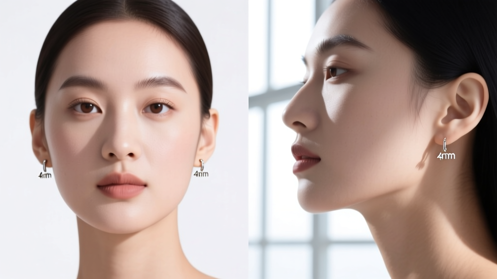 Split-screen illustration showing how 4mm little earrings complement a round face shape versus an angular jawline, minimalist