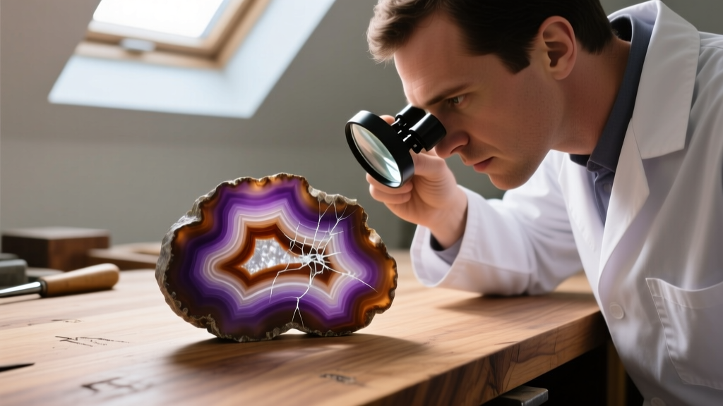 Jeweler using a 10x loupe to inspect stress fractures inside a rough Fairburn agate slice resting on a wooden workbench surface