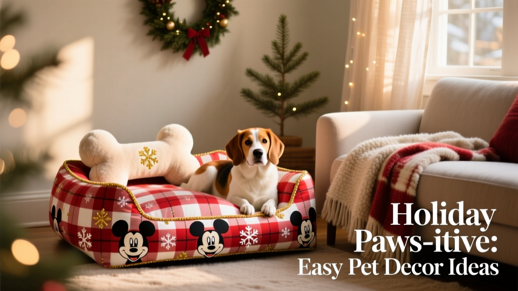 A festive dog bed with Mickey Mouse holiday pattern, paired with a matching plush bone pillow and throw blanket