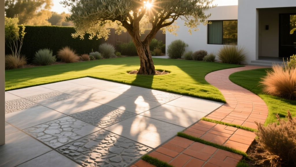 Landscaped backyard featuring an ashlar stamped concrete patio adjoining an interlocking clay paver walkway in warm sunlight