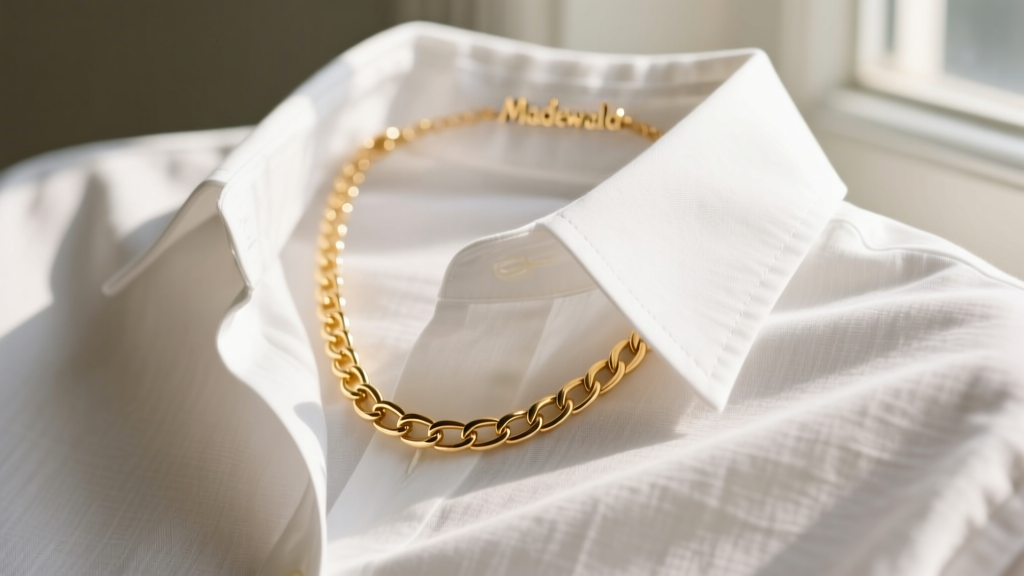 Delicate gold vermeil Madewell tennis necklace resting on a crisp white linen button-down shirt collar in soft natural daylight.