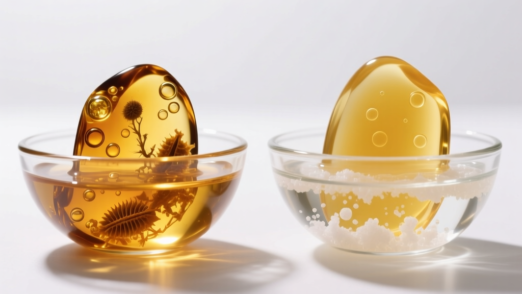 Side-by-side comparison of genuine honey amber and fake plastic amber submerged in a glass bowl of saturated saltwater solution.