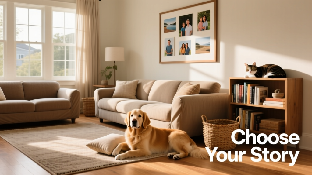 Bright, tidy living room with natural light, pet-friendly furniture, and a relaxed atmosphere