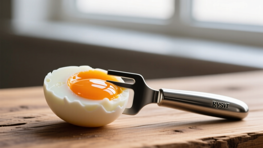 Perfectly peeled soft-boiled egg sliced with a stainless steel RSVP egg topper, revealing a jammy, bright orange yolk on wood.