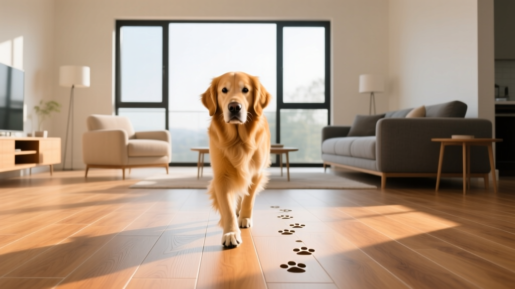 Bright living room with luxury vinyl tile flooring in weathered oak, showing a golden retriever walking on the scratch-resistant planks