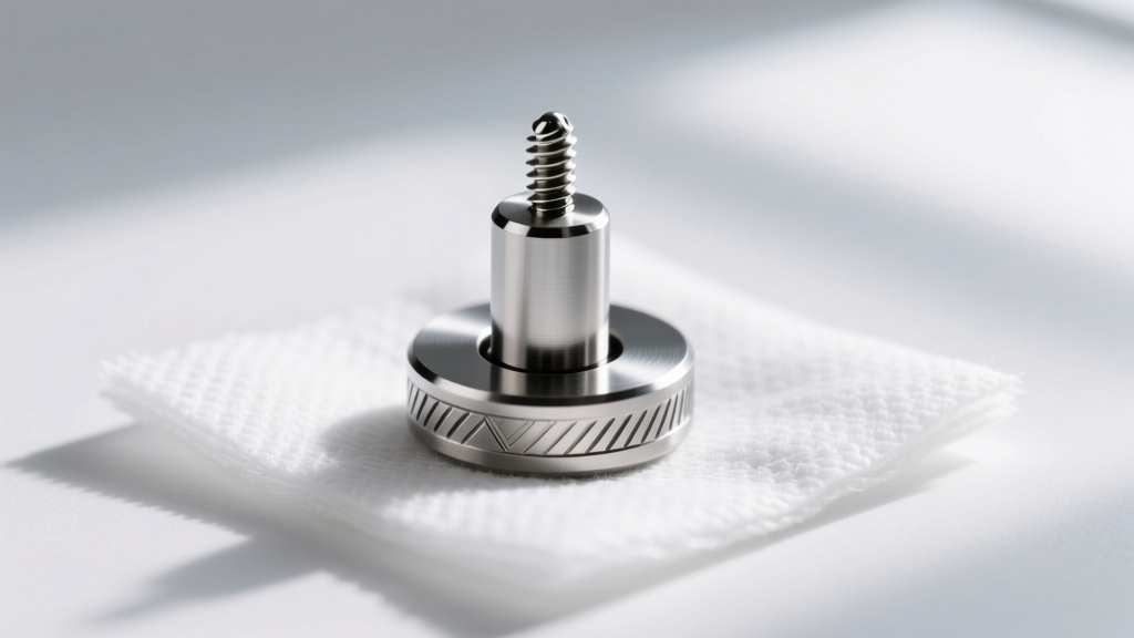 Macro shot of an 18-gauge implant-grade titanium flat-back labret with a secure screw-on bezel end, resting on sterile gauze