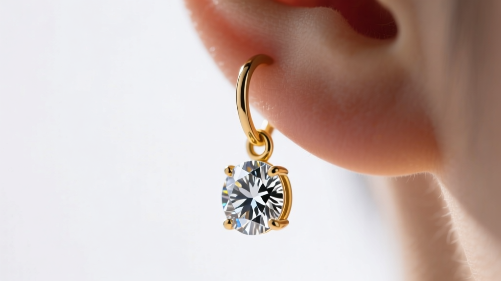 Macro shot of a diamond solitaire drop earring on an earlobe, highlighting the 18-gauge gold jump ring under soft studio light.