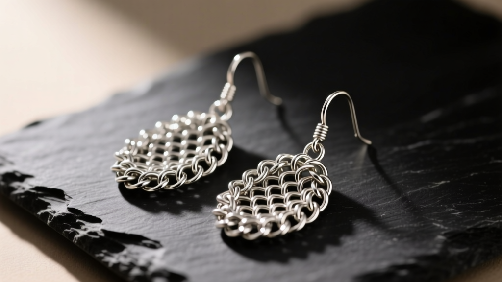 Close-up of intricately woven silver chain maille dangle earrings resting on a dark slate surface with soft directional lighting