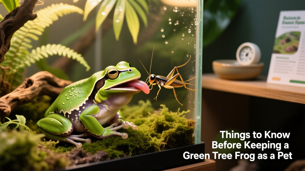 Close-up of a green tree frog mid-feed, capturing a cricket in its mouth inside a planted terrarium