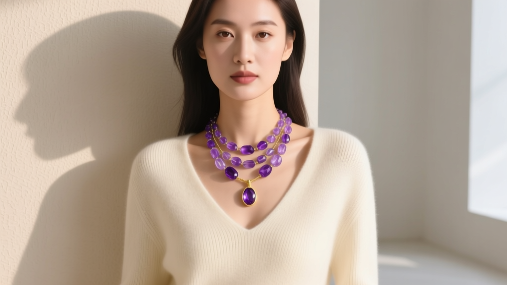 Woman wearing a layered amethyst station necklace with a gold pendant, showing how purple stones complement a V-neck cream sweater.