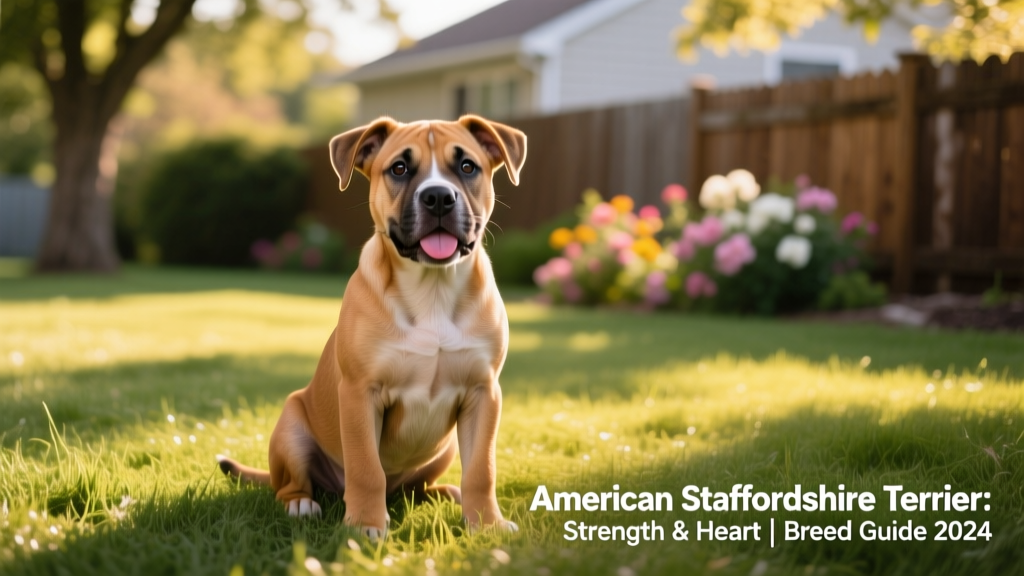 American Staffordshire Terrier puppy sitting attentively on a sunlit grassy lawn
