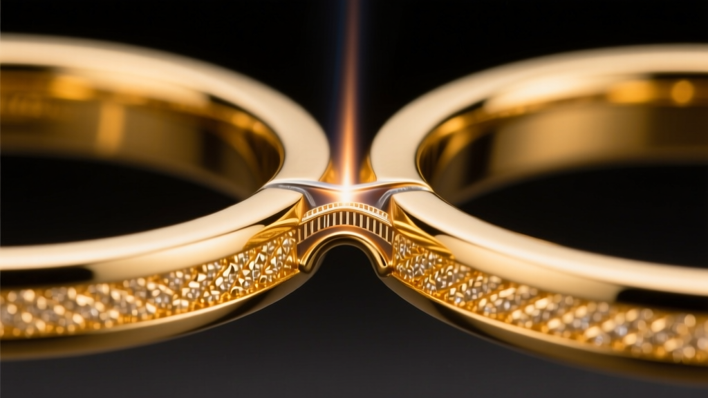 Close-up of a laser-welded bridge connecting two 14k gold bands, showing the precise metallurgical seam under studio lighting.