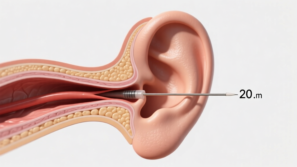 Medical illustration showing cross-section of an earlobe fistula tract, highlighting 20-gauge thickness and healthy tissue layers.