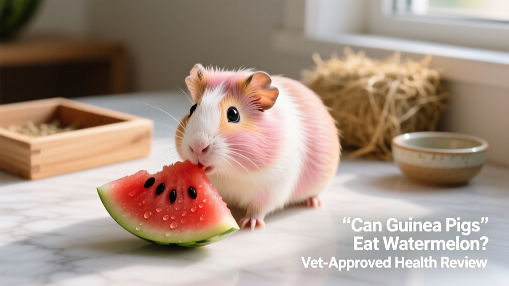 A guinea pig nibbling a small, red slice of watermelon on a clean surface