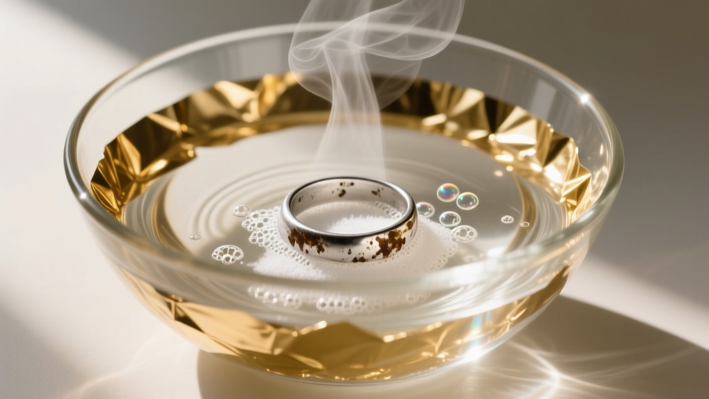 Glass bowl lined with foil, filled with steaming water and baking soda, showing a tarnished silver ring submerged safely inside.