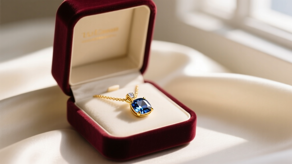 Open velvet box displaying a 14k gold pendant necklace with a bezel-set sapphire on cream silk in warm, soft window light.
