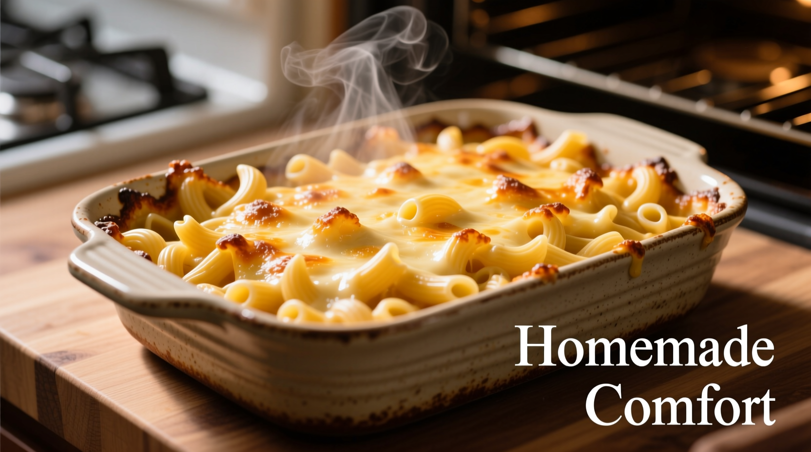 Creamy homemade macaroni and cheese in baking dish