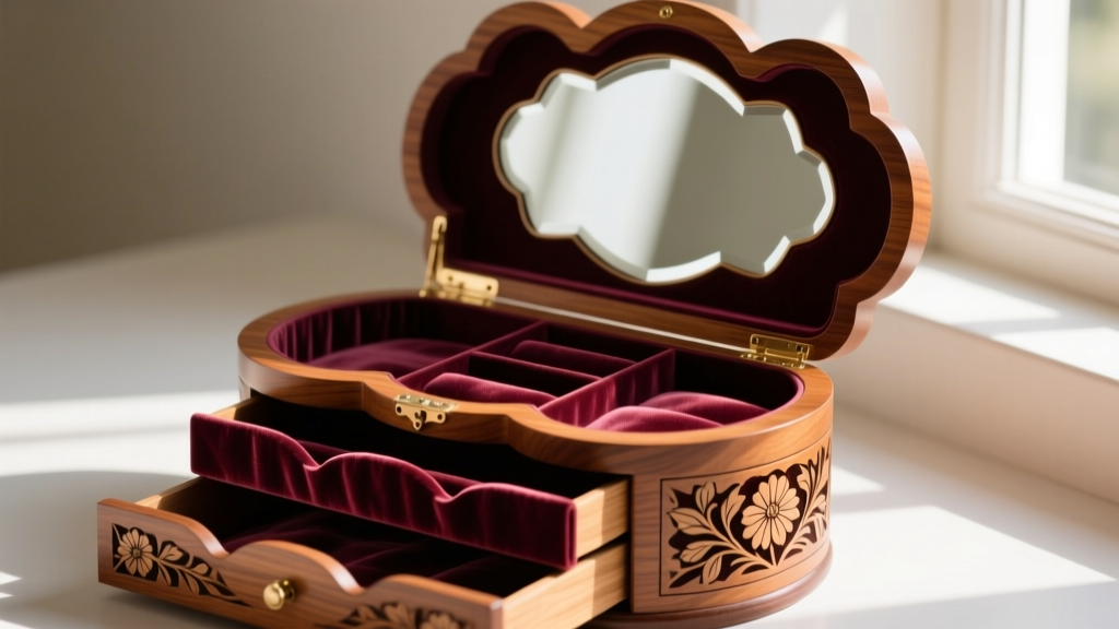 Open scalloped wood jewelry box with floral inlay, showing velvet-lined drawers and a lifted lid with a beveled mirror inside
