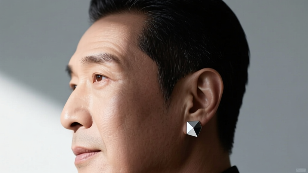 Split profile portrait showing a man with a left-side hair part and a single geometric silver stud earring on the right ear lobe.