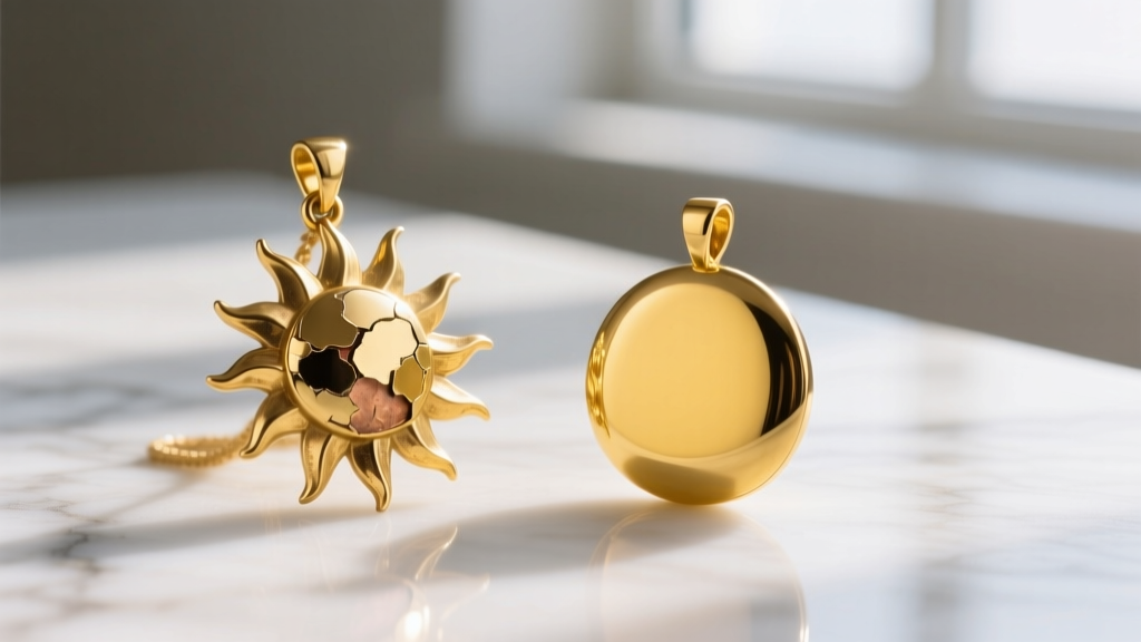 Peeling gold-plated brass sun pendant compared to a solid 14k yellow gold sun pendant resting on a clean white marble surface