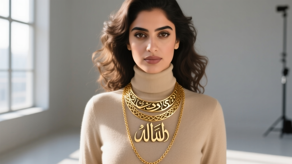 Woman wearing a layered gold vermeil Allah calligraphy necklace over a modest beige turtleneck, showcasing 20-inch chain lengths.