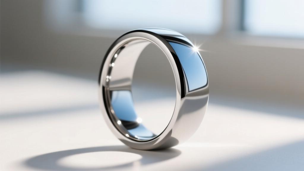 Close-up macro shot of a polished 316L stainless steel signet ring reflecting studio light, showing a flawless mirror finish.