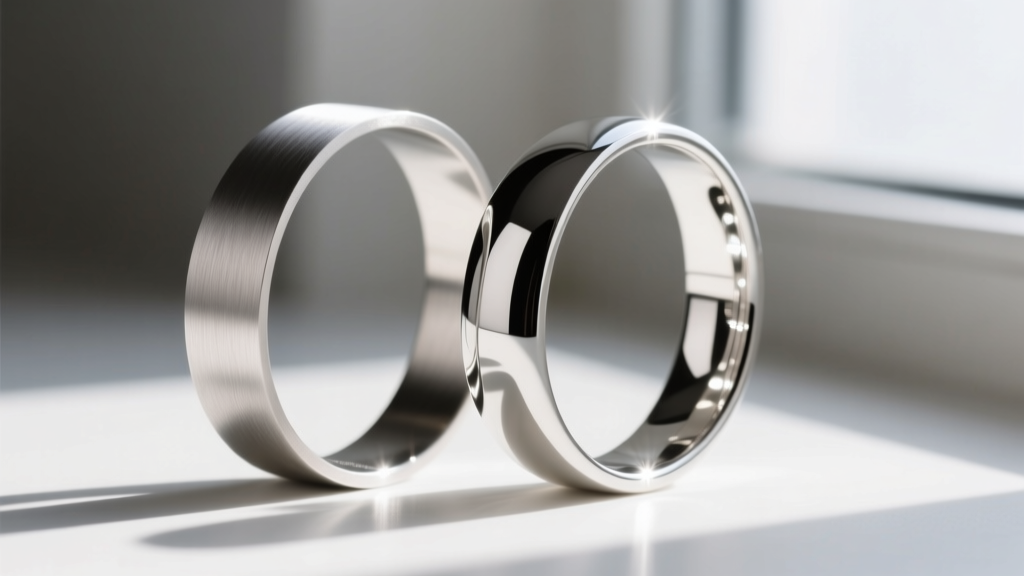 Side view of a brushed silver bangle next to a high-polish silver bangle, demonstrating their different light reflection angles.